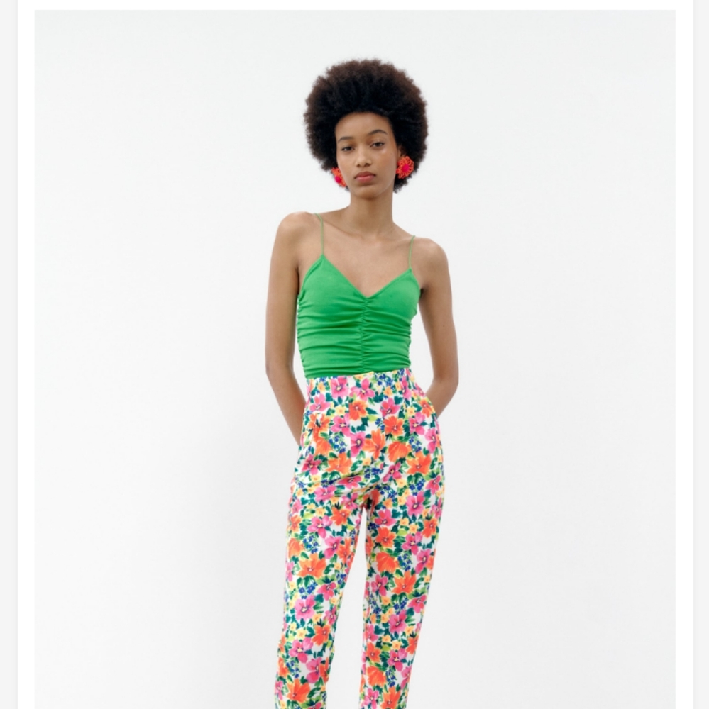 NEW ZARA Multicolor Women FLORAL PRINT HIGH WAISTED PANTS SIZE XS #1478 932